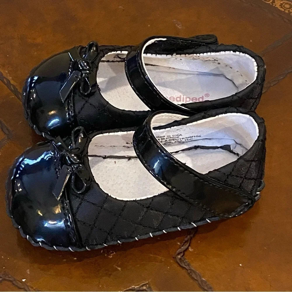 PEDIPED Girls Infant Black Quilt Mary Jane Leather Sole Shoes Size 6-12M